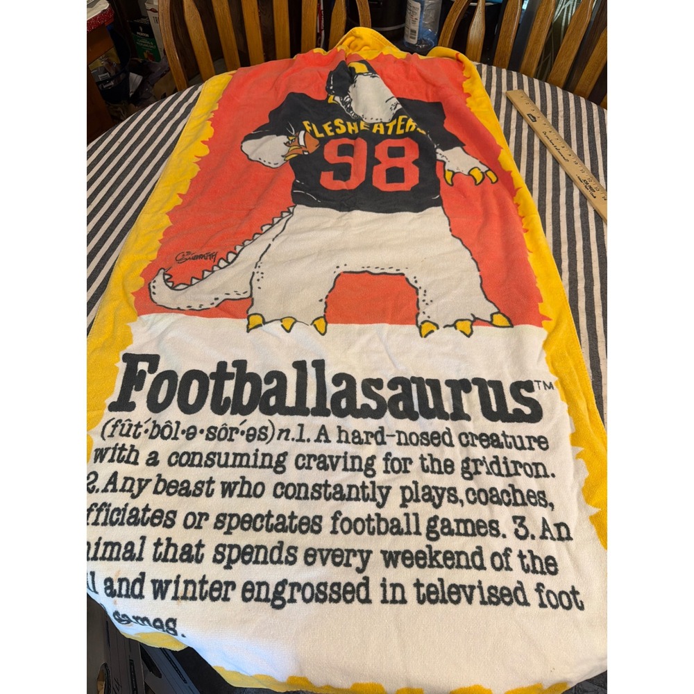 Vintage 1986 Footballasaurus Beach Towel Franco Flesheater 98 Dinosaur Cotton